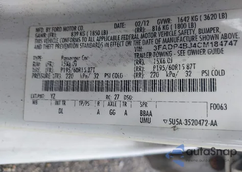 2012 Ford Fiesta Se из США, поврежденный, VIN 3FADP4BJ4CM184747